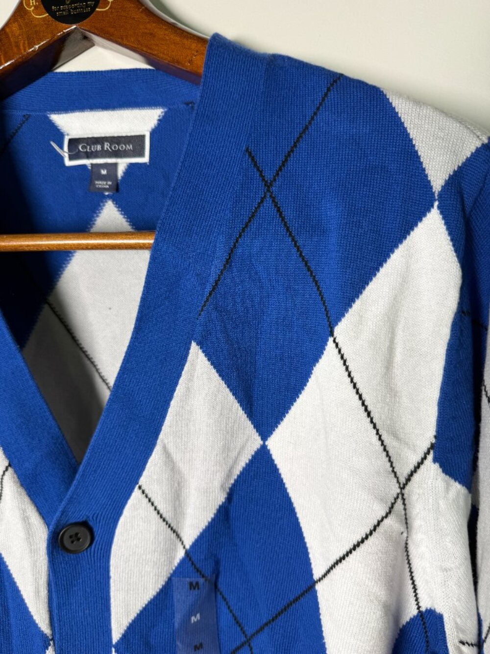 Club Room NWT Argyle Blue/Lt Gray/White Button Front Cardigan Sweater Sz Medium